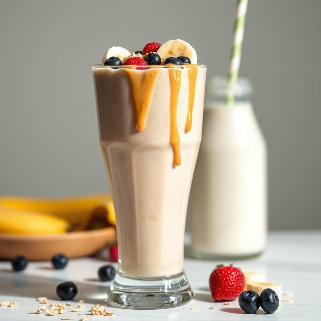 Creamy banana peanut butter weight-gain smoothie topped with berries