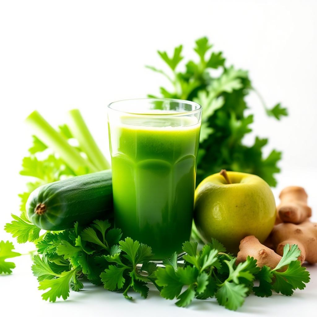 Fresh green detox juice with celery, cucumber, apple and ginger